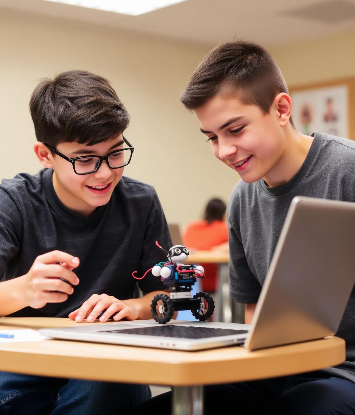 Mentor helping a student debug a small robot